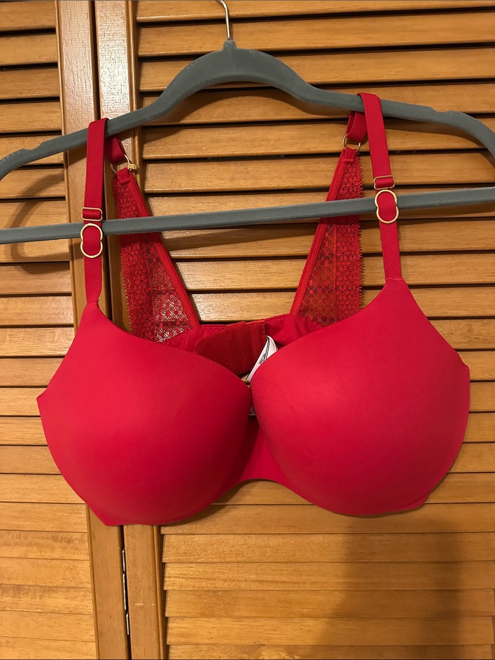 Victoria's Secret Red Lace-Back Molded T-Shirt Bra with Gold Hardware